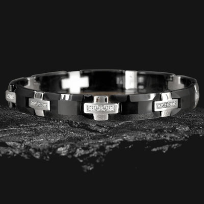 Midnight Ceramic Bracelet featuring polished ceramic links with silver-tone cross accents, designed for men seeking stylish and durable jewelry.