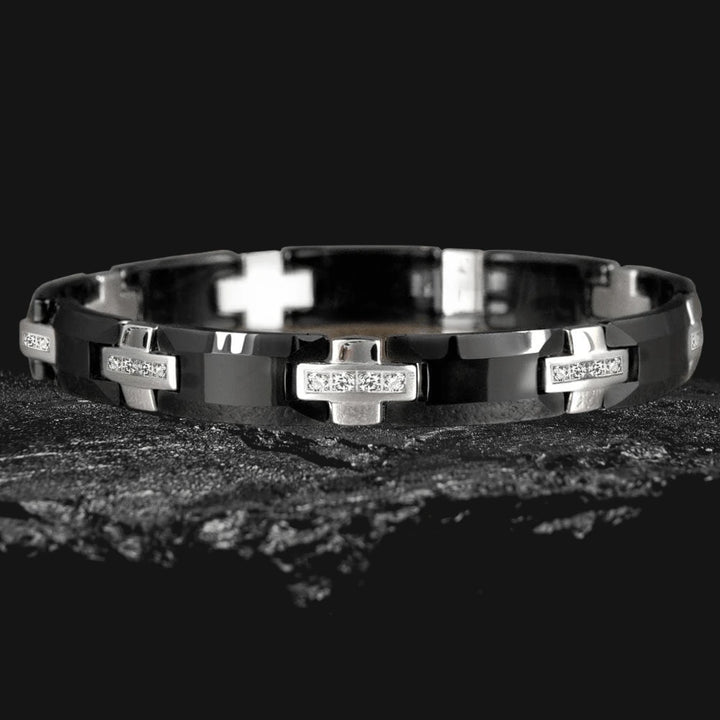Midnight Ceramic Bracelet featuring polished ceramic links with silver-tone cross accents, designed for men seeking stylish and durable jewelry.