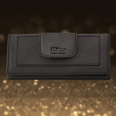 Carrington Black Wallet designed for men, featuring a sleek black leather exterior with a secure flap closure and subtle branding for a sophisticated look.