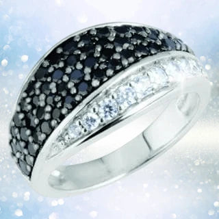 Sterling silver Chess Ring for female featuring a curved design with black and clear stones, combining elegance and modern jewelry style.