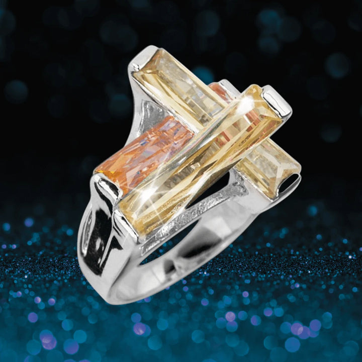 Champagne Contemporary Cross Ring crafted in sterling silver with rhodium plating, featuring a modern cross design accented by champagne-colored stones, designed for women.