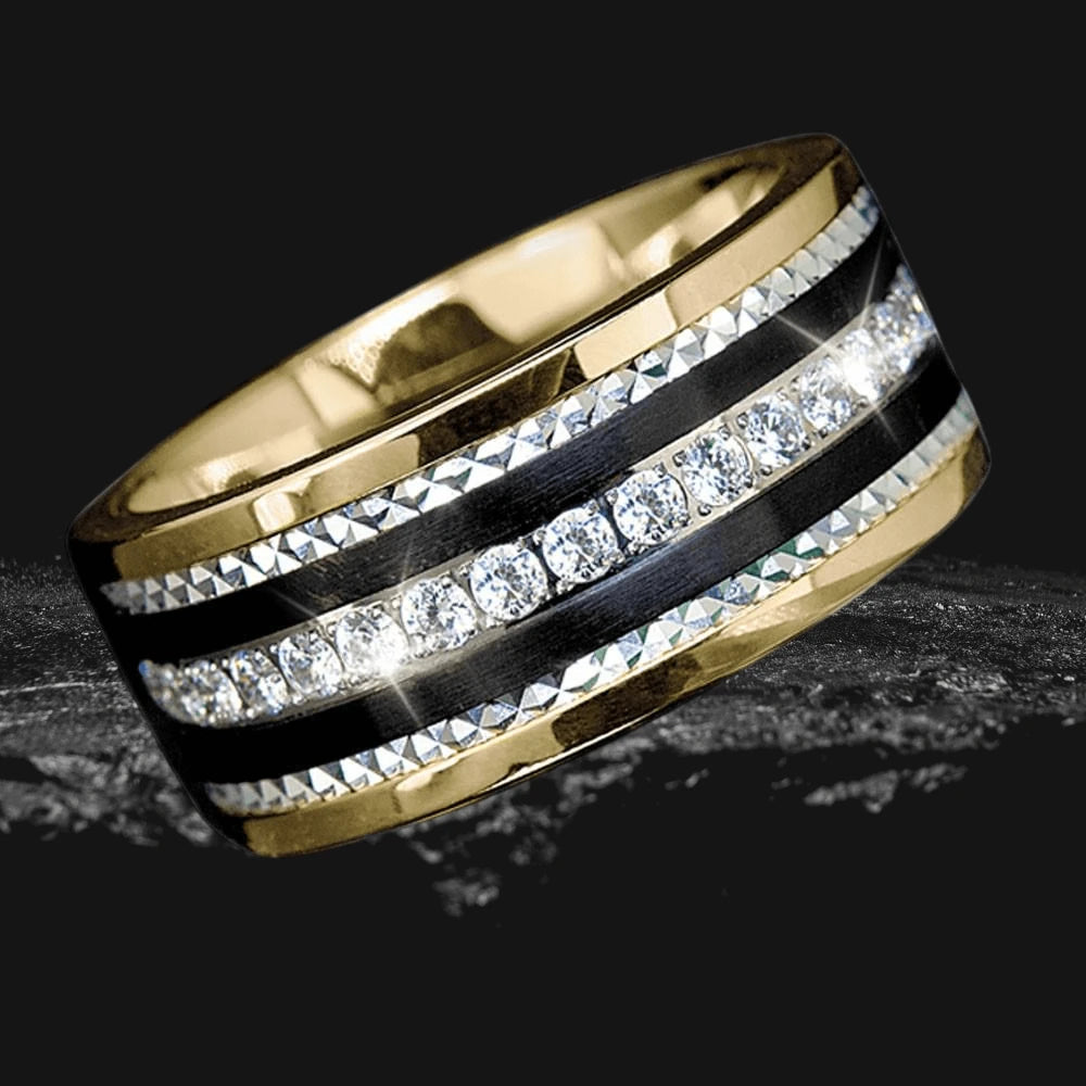 Phantom Gold Ring featuring a stainless steel band with gold plating, accented by black stripes and a row of sparkling clear gemstones, designed for men’s jewelry collections.