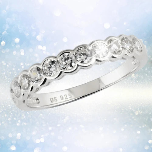Sterling silver Manhattan Stacker B ring for female featuring a row of sparkling round gemstones set in a polished band, elegant jewelry piece for stacking or solo wear.