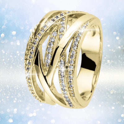 Interlace Ring Gold crafted from sterling silver with gold plating, featuring an elegant design with sparkling stones, perfect jewelry for female wearers.