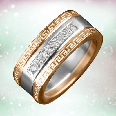 Men's Classic Empire Ring in two-tone stainless steel featuring a geometric Greek key pattern and a row of sparkling clear stones.