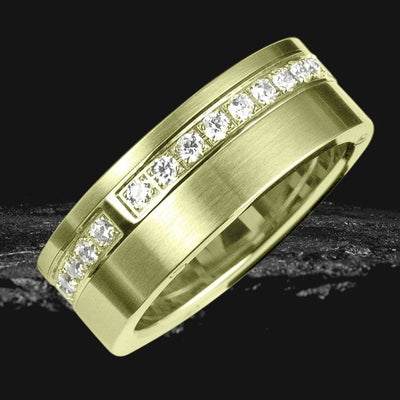 Men's Sentinel Gold Ring in gold-plated stainless steel featuring a row of sparkling clear stones set in a sleek, modern design for stylish men's jewelry.