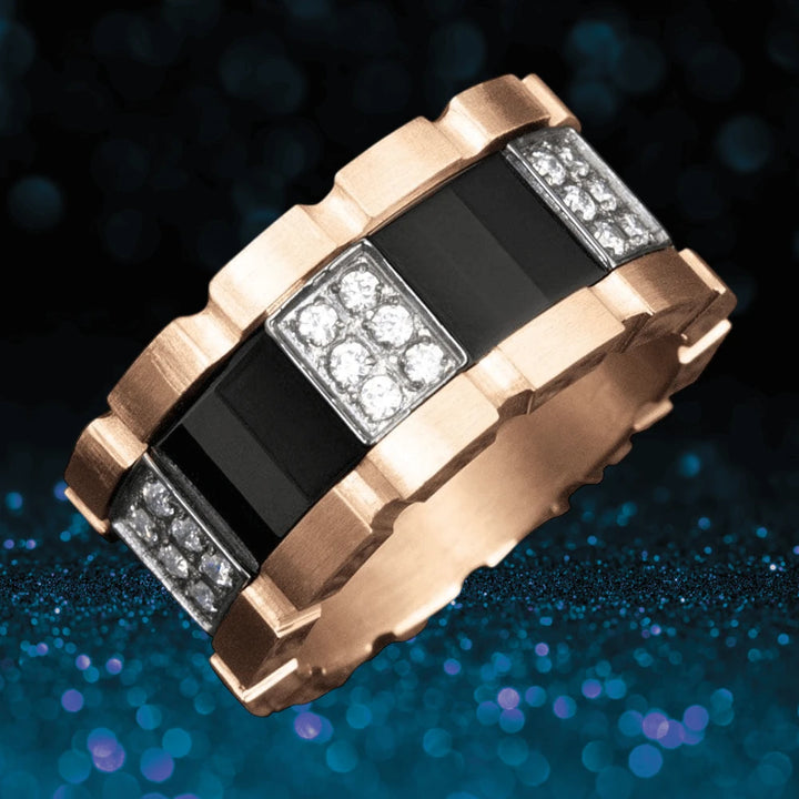 Men's Datemaster Ring featuring a two-tone stainless steel design with black accents and sparkling diamond-like stones, a bold and elegant piece of men's jewelry.