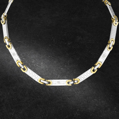 Olympus Men's Necklace featuring a two-tone stainless steel design with alternating silver and gold links, showcasing a modern and elegant style for men’s jewelry.