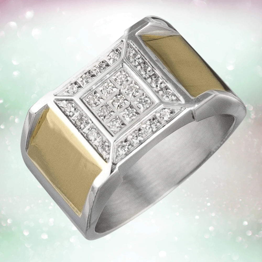 Atlantic Two-Tone Ring crafted from stainless steel featuring a bold two-tone design with sparkling clear stones, perfect for a stylish male jewelry collection.