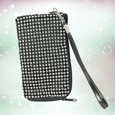 Black wristlet phone case adorned with sparkling rhinestones, designed for women, featuring the Crystal iPhone Cover for a glamorous protective accessory.