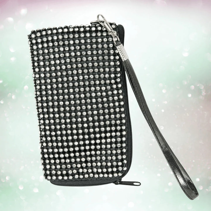 Black wristlet phone case adorned with sparkling rhinestones, designed for women, featuring the Crystal iPhone Cover for a glamorous protective accessory.