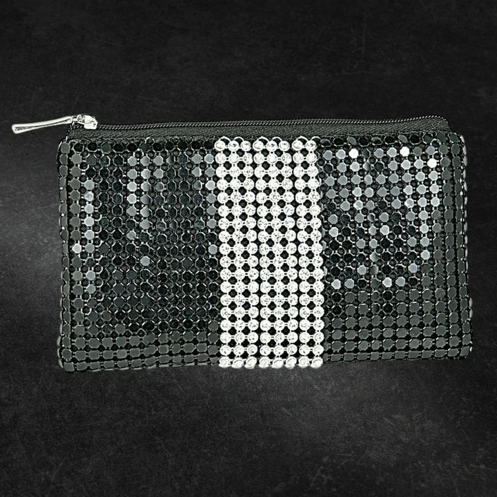 Crystal Bow Coin Wallet for female featuring a sleek black design embellished with sparkling crystal accents and a central vertical stripe of clear crystals, ideal for stylish jewelry lovers.