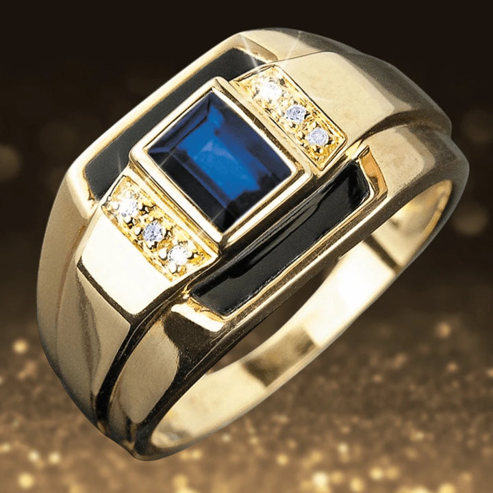 Discovery Gold Ring in sterling silver with gold plating, featuring a rectangular blue gemstone and small accent stones for a refined masculine style.