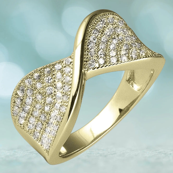 Pave Twist Gold Ring featuring sterling silver with gold plating, designed for women, adorned with sparkling pavé-set stones in a twisted elegant shape.