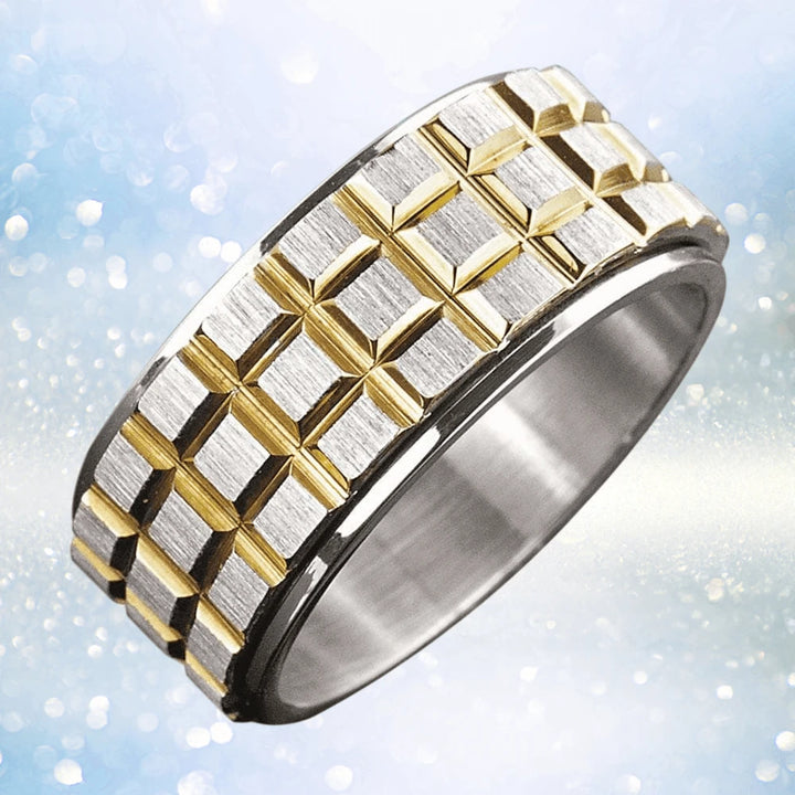 Steel Spinner Ring for male featuring a two-tone stainless steel design with an intricate geometric pattern, combining elegance and modern style in jewelry.