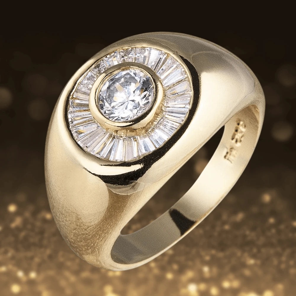 Metropolis Men's Ring crafted from sterling silver with gold plating, featuring a central round clear gemstone surrounded by baguette-cut stones in a bold design.