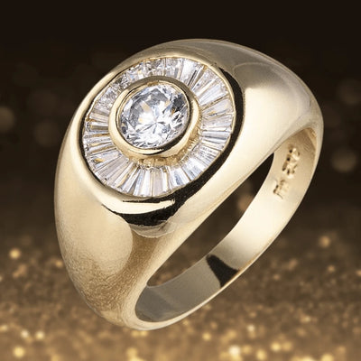 Metropolis Men's Ring crafted from sterling silver with gold plating, featuring a central round clear gemstone surrounded by baguette-cut stones in a bold design.