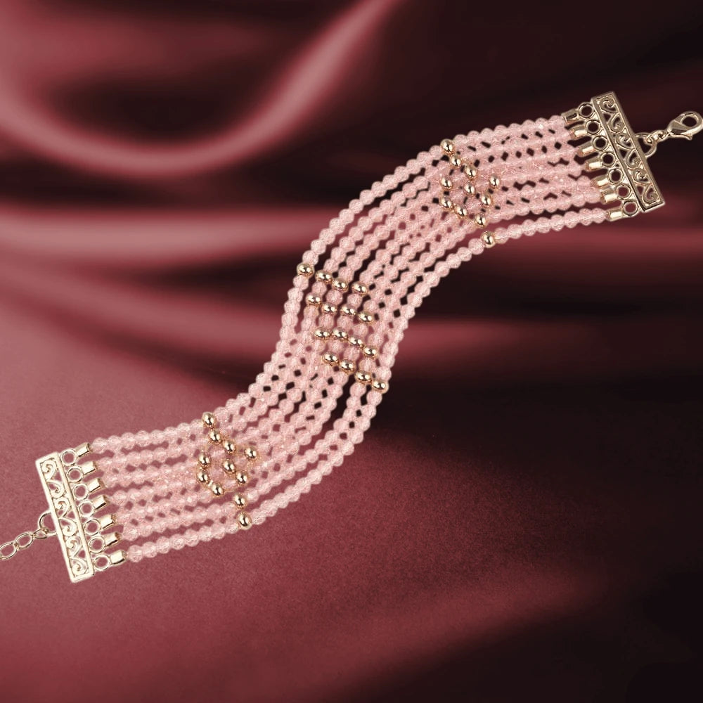 Rosa Cascade Bracelet featuring delicate pink gems and rose gold plating, designed as an elegant multi-strand bracelet for women’s jewelry collection.