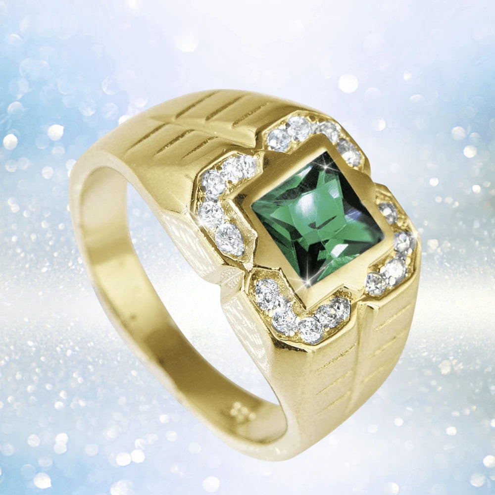 Ranger Men's Emerald Ring featuring a sterling silver band with gold plating, showcasing a square emerald center stone surrounded by sparkling clear accents, perfect men's jewelry.