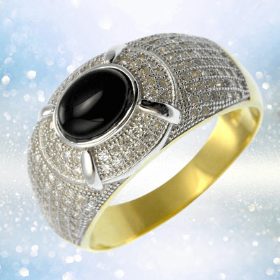 Alpha Men's Ring featuring two-tone sterling silver with a large black oval stone centerpiece and intricate pavé detailing, designed for a bold male style statement.