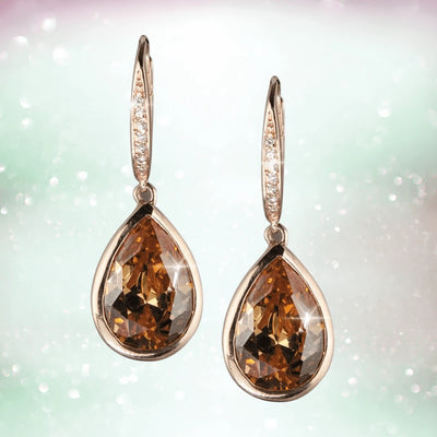 Delight Chocolate Pear Drop Earrings featuring pear-shaped chocolate-colored stones set in sterling silver with rose gold plating, designed for female jewelry lovers.