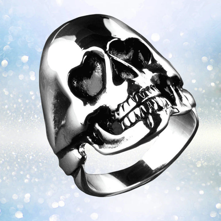 Skull Ring made of polished stainless steel featuring a bold skull design, crafted for men, perfect for adding edgy style to jewelry collections.