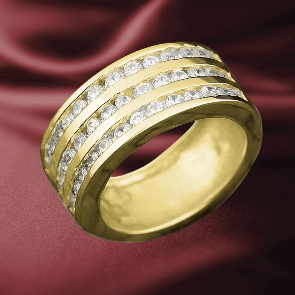 Galaxy Ring Gold featuring sterling silver material with gold plating and three rows of sparkling stones, designed as a unisex elegant jewelry ring.