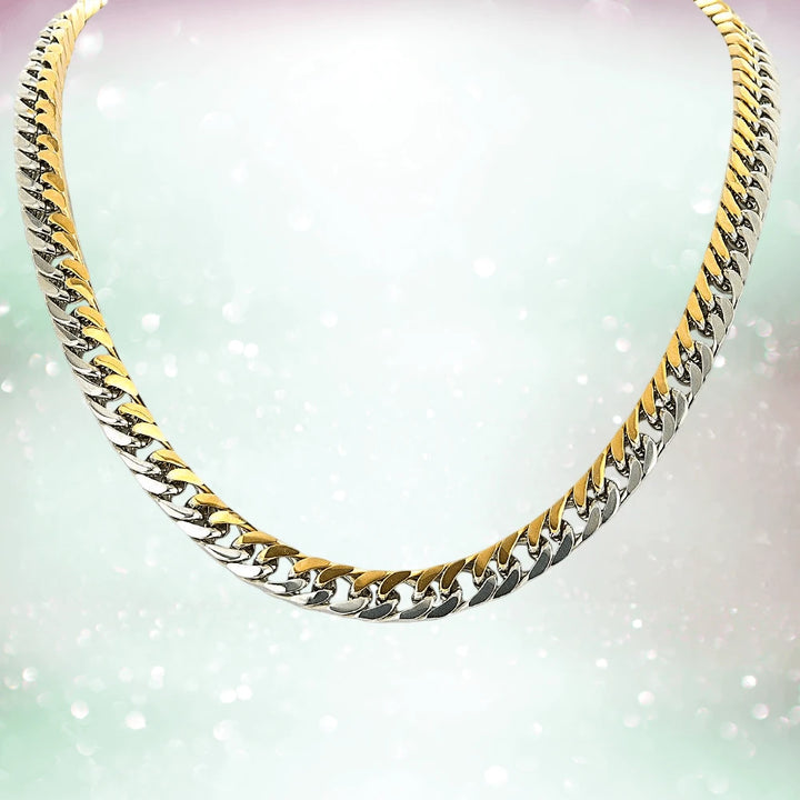 Arena Steel Necklace featuring a two-tone stainless steel design for men, combining silver and gold colors in a sophisticated, bold chain style necklace.