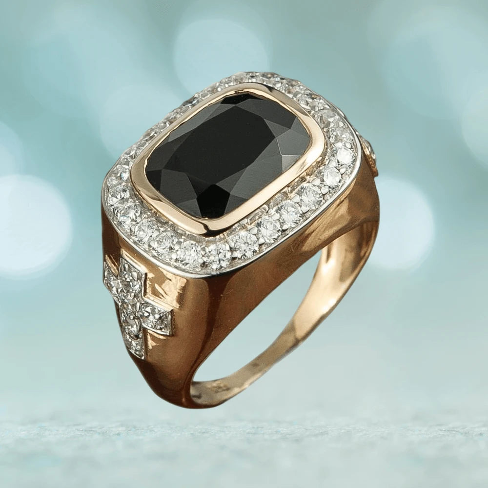 Spinel Cross Ring featuring a large black spinel centerpiece surrounded by clear stones, crafted in sterling silver with gold plating, designed for men’s jewelry.