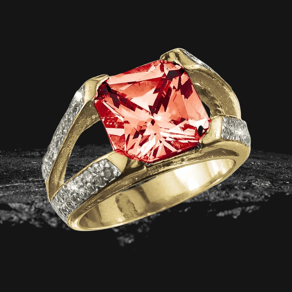Radiant Ruby Ring featuring a large radiant-cut red gemstone set in sterling silver with gold plating, designed for women with intricate detailing and elegance.