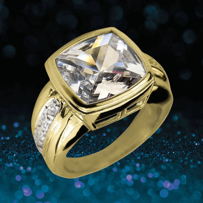 Hercules Ring featuring a bold square-cut clear gemstone set in polished gold-plated stainless steel, designed for men seeking striking, elegant jewelry.