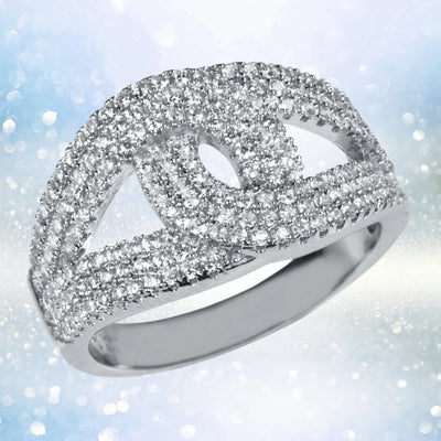 Eve Rhodium Ring crafted in sterling silver with rhodium plating, featuring a sparkling pave design, elegant and perfect for women’s jewelry collections.