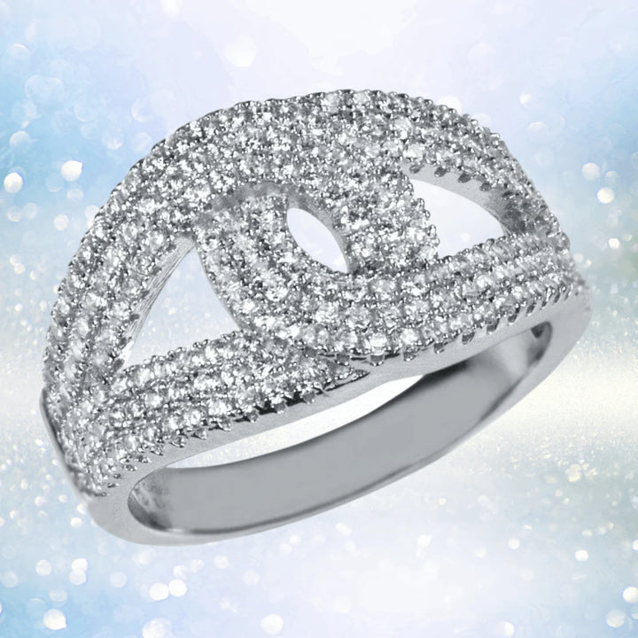 Eve Rhodium Ring crafted in sterling silver with rhodium plating, featuring a sparkling pave design, elegant and perfect for women’s jewelry collections.