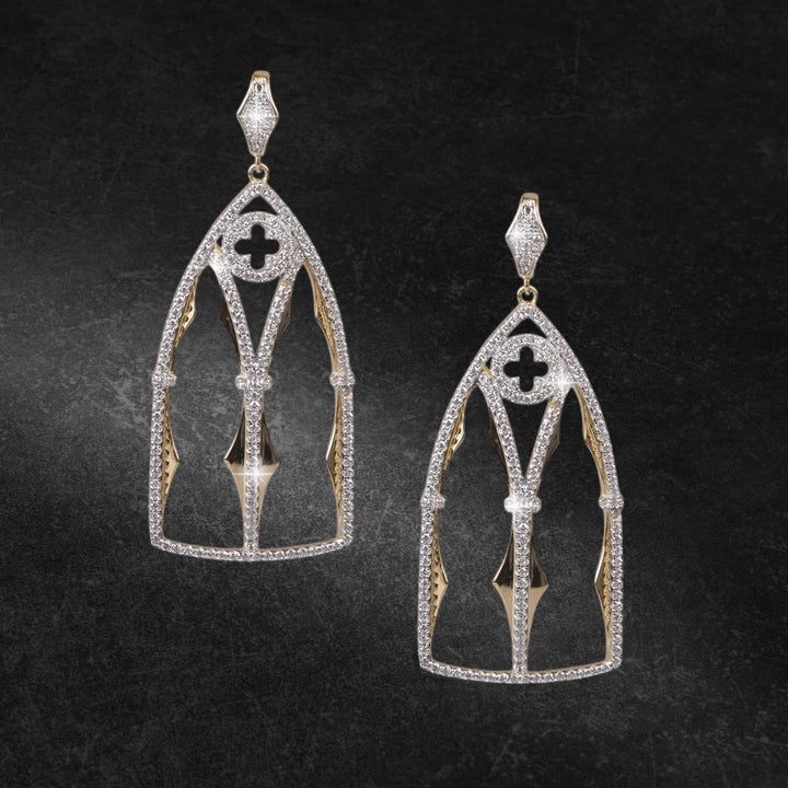 Abbey Earrings crafted in sterling silver with gold plating, featuring an intricate, sculptural design inspired by architectural elements, elegant jewelry for women.