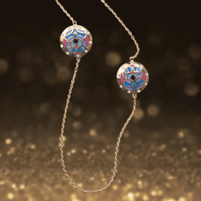 Golden Peacock Necklace featuring gold-plated stainless steel with vibrant blue and pink enamel peacock design on a delicate chain, elegant jewelry for female wearers.