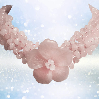 Delicate Cherry Blossom Necklace crafted with pink gems, featuring an intricate floral centerpiece and elegant multi-strand design for a refined female jewelry statement.