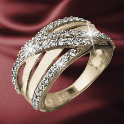 Roma Wave Ring for female, crafted from sterling silver with gold plating, featuring an elegant wave design adorned with sparkling clear stones.