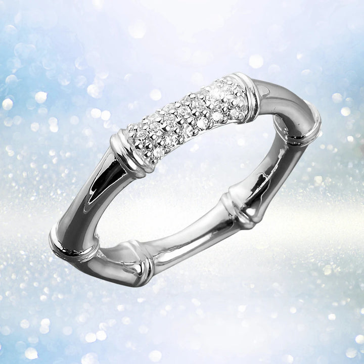 Bamboo Rhodium Ring crafted from sterling silver with rhodium plating, featuring a textured bamboo-inspired design adorned with sparkling accents for a feminine touch.