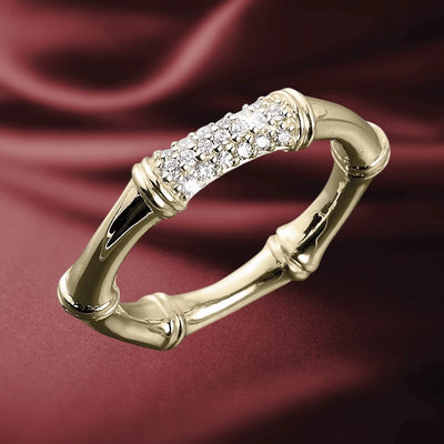 Bamboo Yellow Gold Ring crafted from sterling silver with gold plating and sparkling crystal accents, designed for female jewelry collectors and ring enthusiasts.