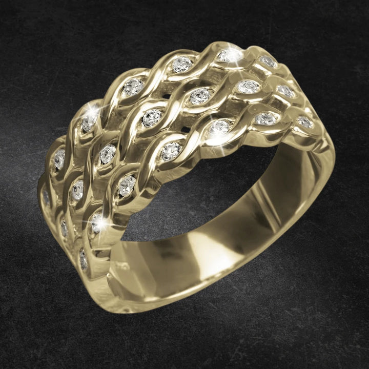 Ipanema Gold Ring crafted in sterling silver with gold plating, featuring an intricate woven design accented with sparkling clear stones for elegant female jewelry.
