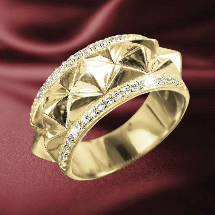 Luxor Gold Ring featuring a sterling silver base with rhodium plating, adorned with intricate geometric patterns and sparkling crystals, designed for women’s jewelry collections.