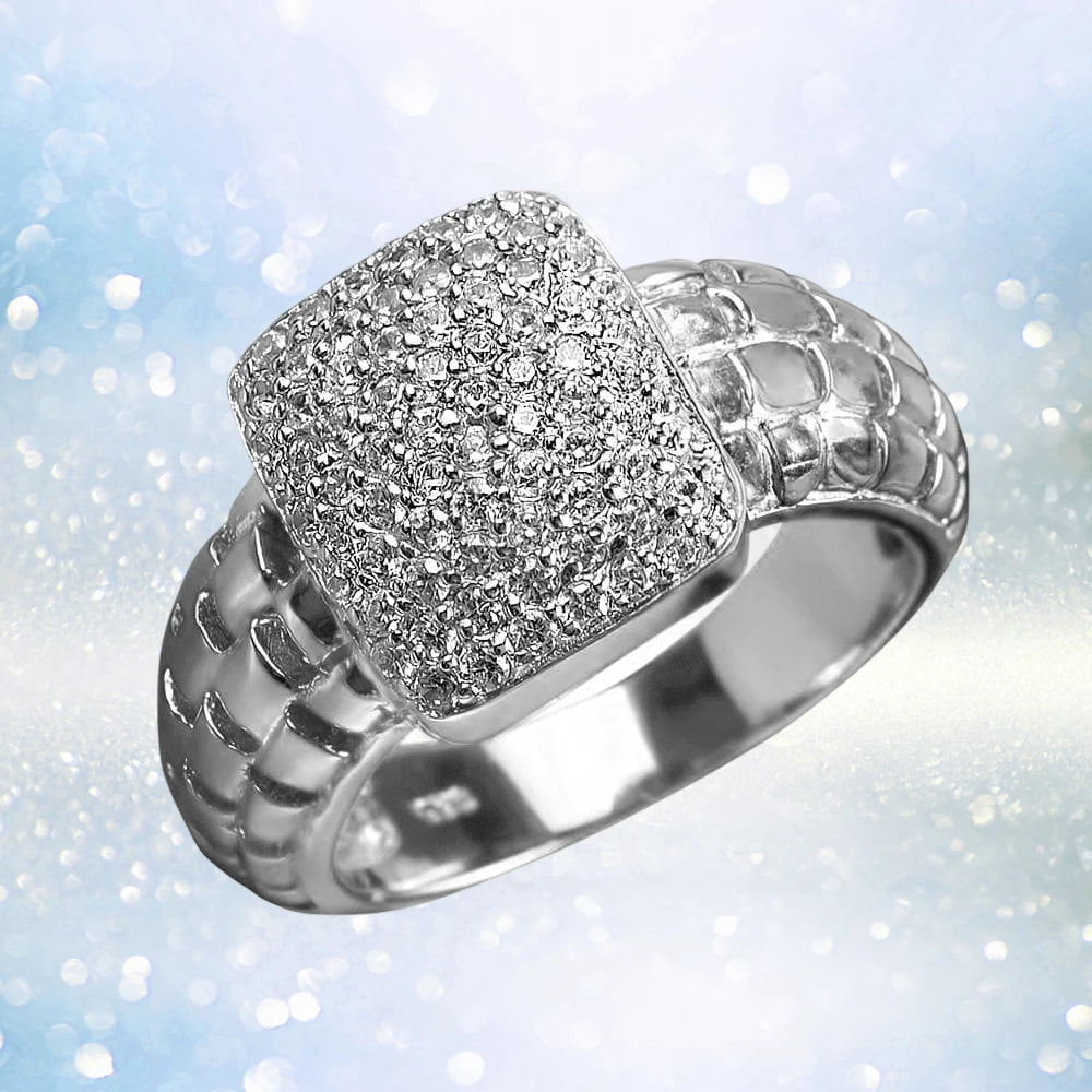 Close-up of a Sterling Silver Star Spangled Rhodium Ring for women, featuring a textured band and a rectangular pavé of sparkling stones on top.