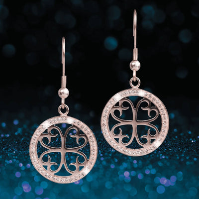 Ladies' Celtic Rose Gold Earrings crafted from sterling silver with an intricate Celtic design featuring a circular pattern, perfect feminine jewelry accessory.