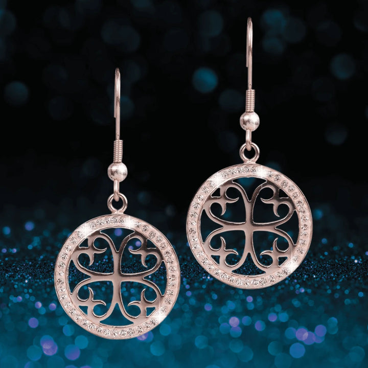 Ladies' Celtic Rose Gold Earrings crafted from sterling silver with an intricate Celtic design featuring a circular pattern, perfect feminine jewelry accessory.