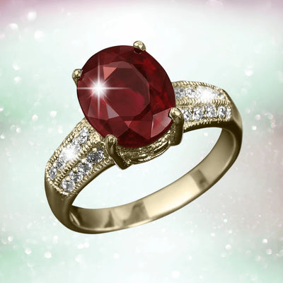 Scarlet Vermilion Ring featuring a large oval red gemstone set in sterling silver with rose gold plating and accented with sparkling clear stones, designed for women’s jewelry.