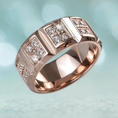 Luxor Men's Ring crafted from sterling silver with rose gold plating, featuring a bold segmented design adorned with sparkling stones for a sophisticated masculine look.