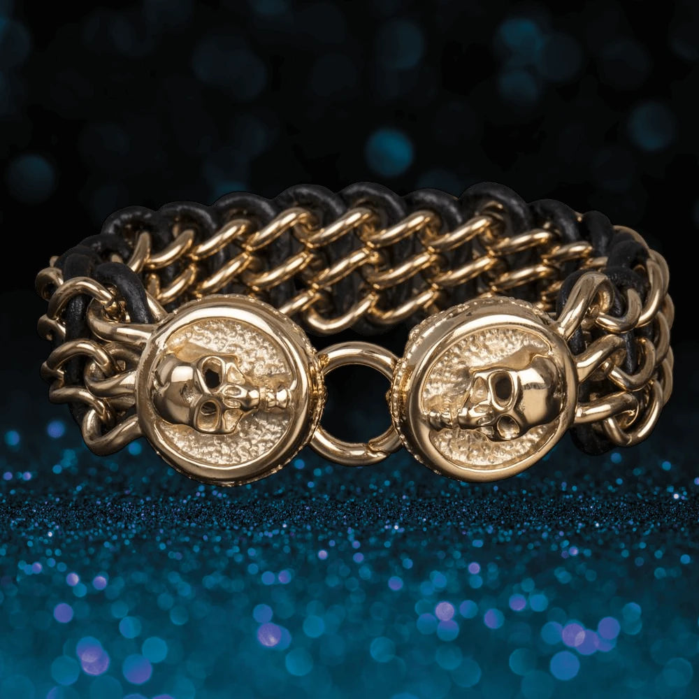 Daniel Steiger Men's Leather Yellow Gold Skull Bracelet