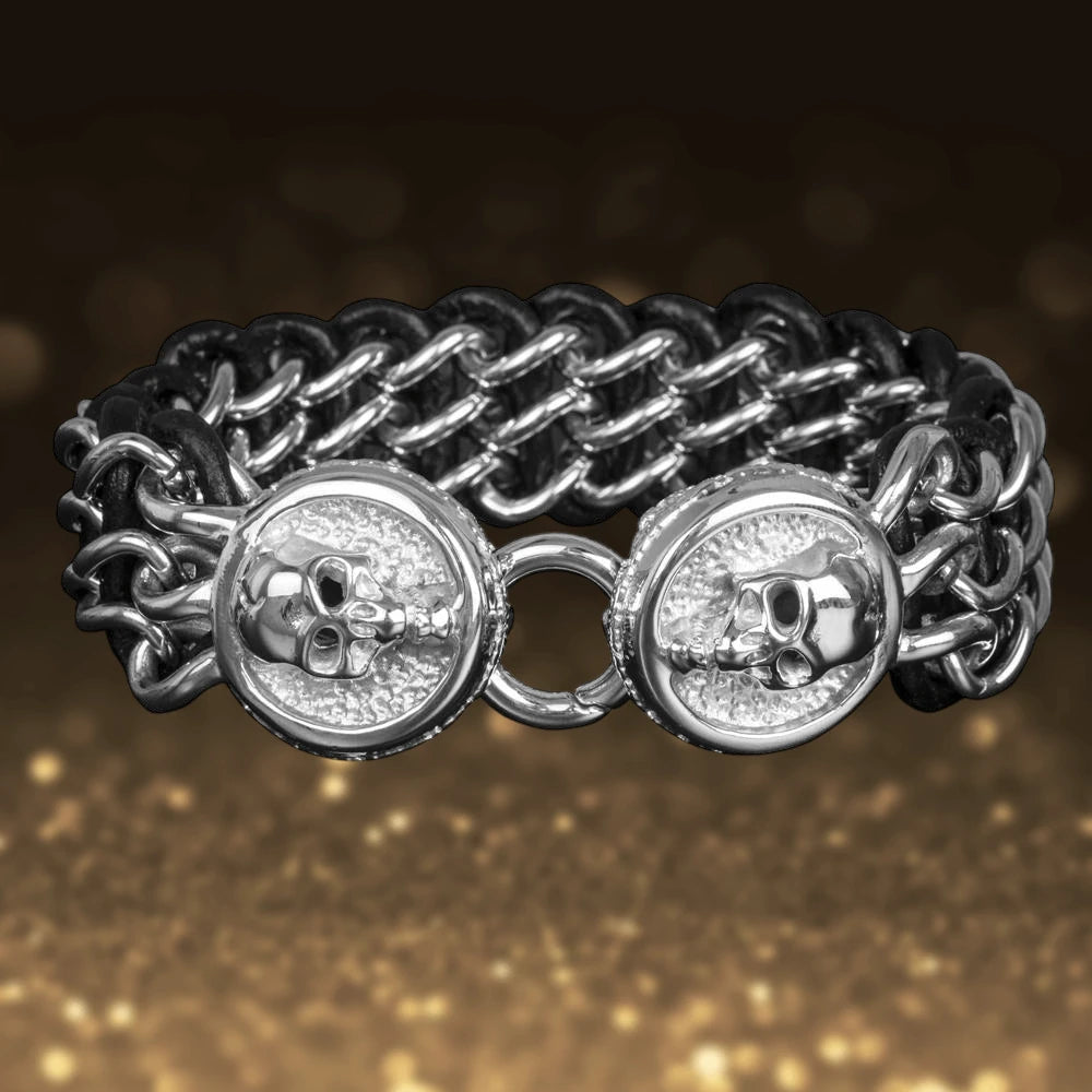 Daniel Steiger Men's Leather Steel Skull Bracelet