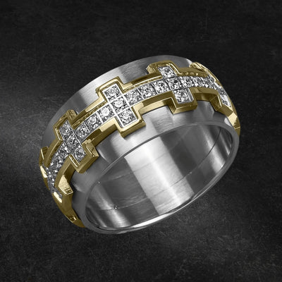 Signature Men's Ring crafted from stainless steel with two-tone plating, featuring a modern design accented by sparkling crystal cross motifs for stylish men's jewelry.