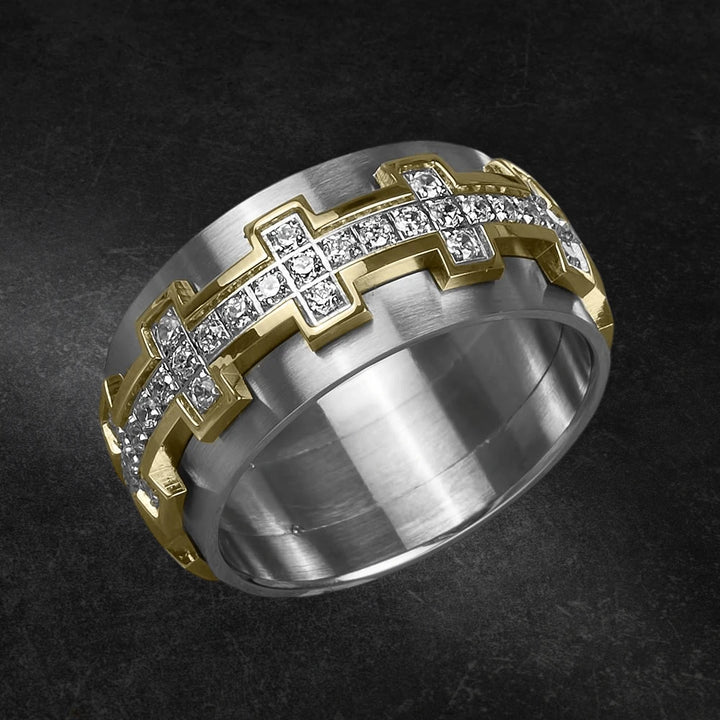 Signature Men's Ring crafted from stainless steel with two-tone plating, featuring a modern design accented by sparkling crystal cross motifs for stylish men's jewelry.